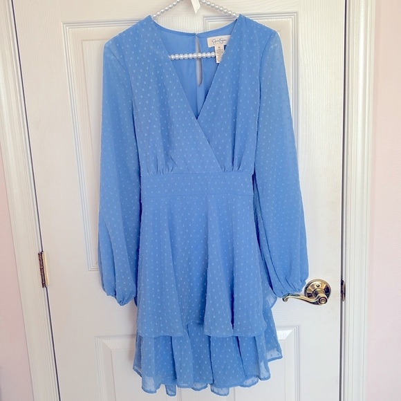 Jessica Simpson Blue Tiered Ruffle Dress Dotted V-Neck Long Sleeved Spring Prep - Picture 1 of 11